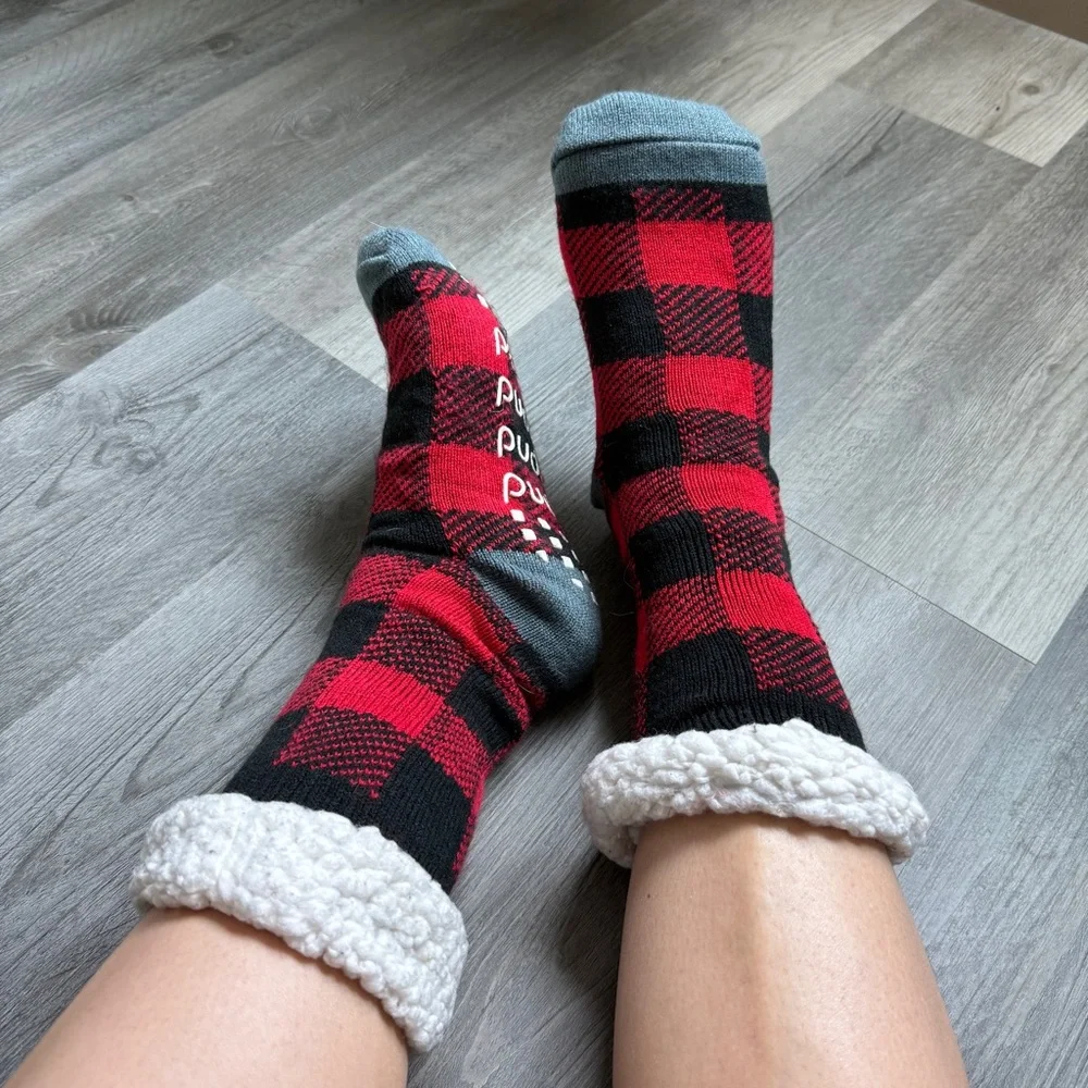 Cozy Red and Black Buffalo Plaid Socks with Fuzzy Sherpa Lining